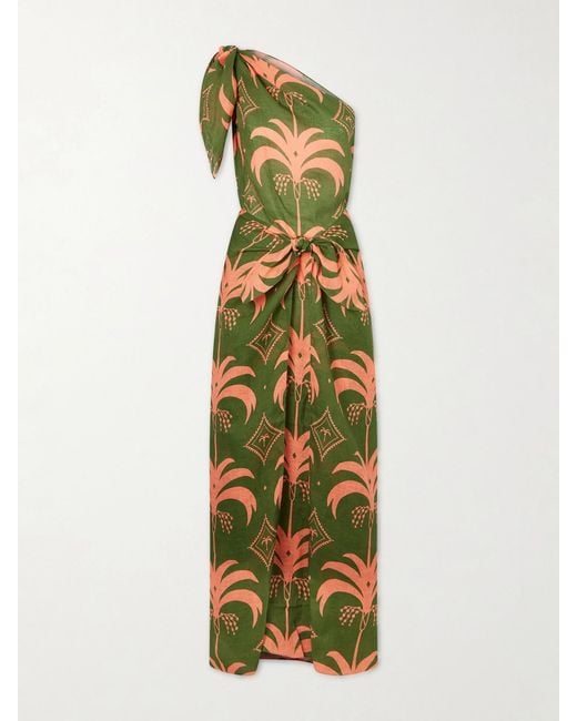 Johanna Ortiz Green Seaweed One-Shoulder Printed Linen Maxi Dress