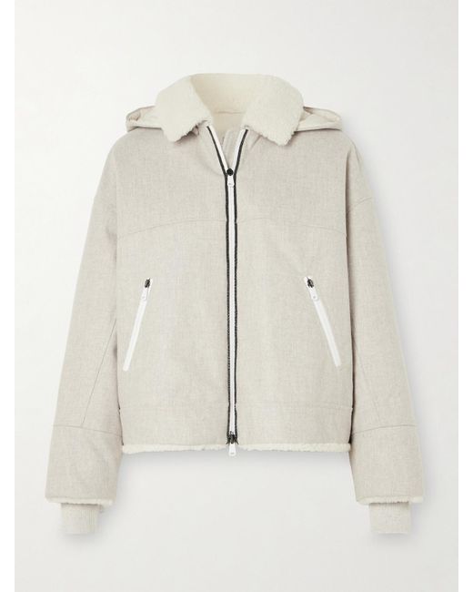 Brunello Cucinelli Natural Bead-Embellished Hooded Shearling-Trimmed Wool Coat