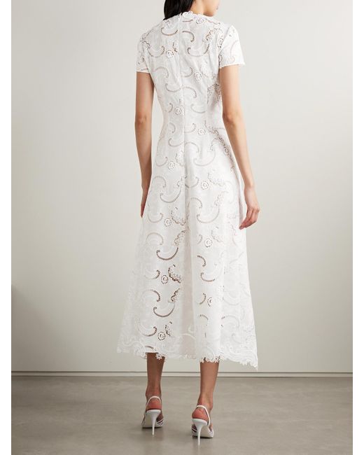 Oscar de la Renta White Scroll Asymmetric Guipure Lace Midi Dress
