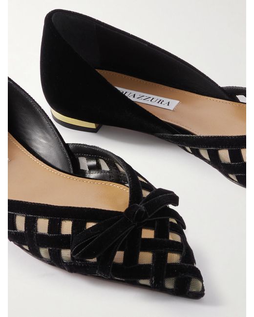 Aquazzura Black Romance Bow-Embellished Mesh-Trimmed Velvet Pointed-Toe Ballet Flats