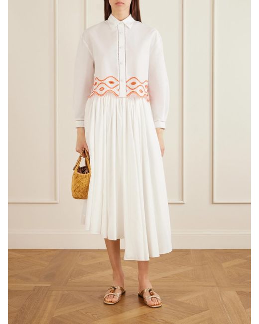 Loretta Caponi White Assia Cropped Broderie Anglaise-Trimmed Cotton-Voile Shirt