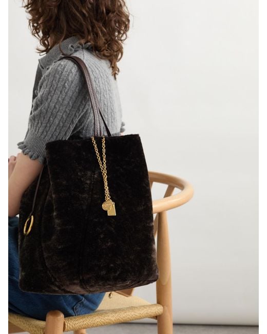 Chloé Black Spin Leather-Trimmed Embellished Shearling Tote