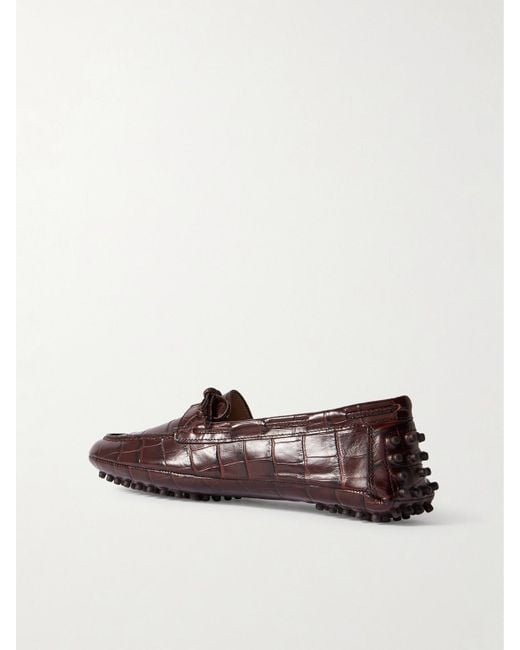 Le Monde Beryl Brown Driver Tie-Detailed Croc-Effect Leather Loafers