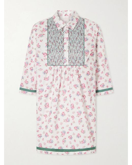 Loretta Caponi Multicolor Alassio Shirred Embroidered Floral-Print Cotton-Poplin Mini Dress