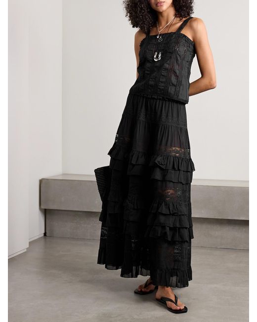 Loretta Caponi Black Radda Ruffled Paneled Cotton-Voile And Lace Top