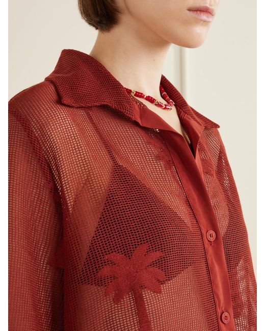 Johanna Ortiz Red Marsala Salty Cotton-Blend Mesh Shirt