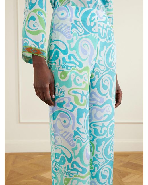 Emporio Sirenuse Blue Stephan Printed Silk Wide-Leg Pants