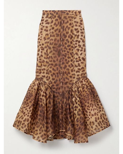 Zimmermann Brown Crush Ruffled Paneled Leopard-Print Linen And Silk-Blend Organza Maxi Skirt