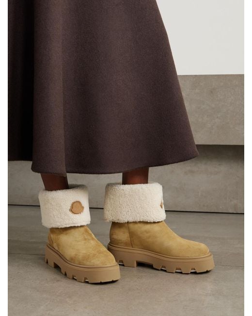 Moncler Natural Aurea Appliquéd Shearling-Trimmed Suede Ankle Boots