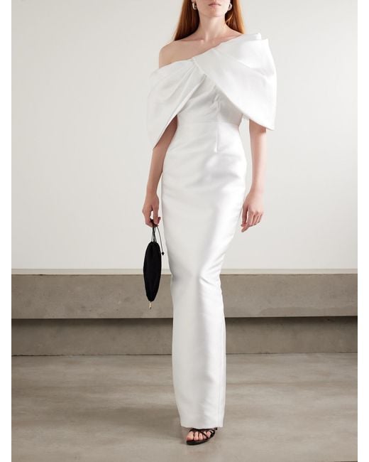 Solace London White Davina Off-The-Shoulder Draped Faille Gown