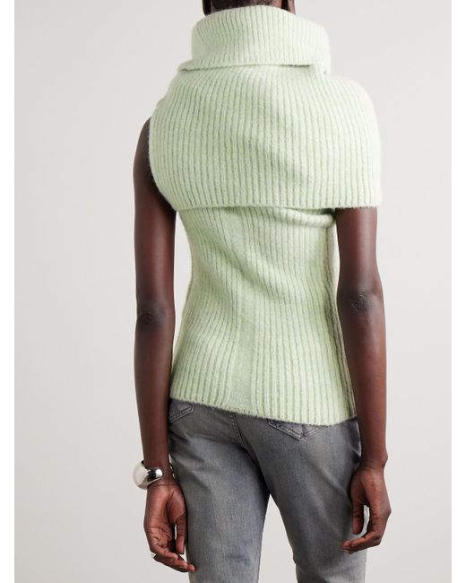 Rick Owens Green Draped Ribbed-Knit Turtleneck Sweater