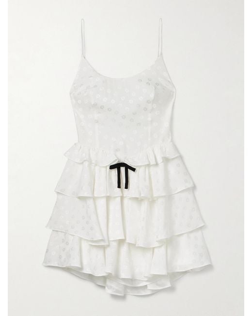 Alessandra Rich White Ruffled Silk-Satin Jacquard Mini Dress