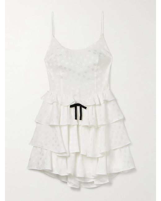 Alessandra Rich White Minikleid Aus Seidensatin Mit Jacquard-Muster Und Rüschen