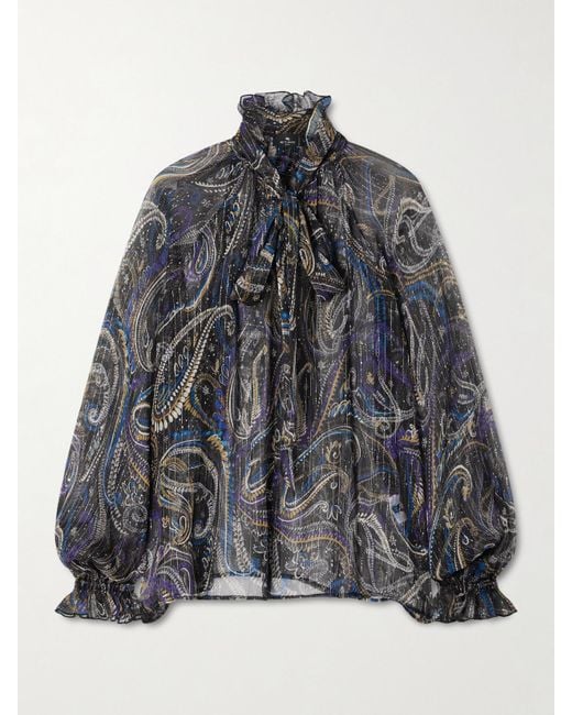 Etro Gray Pussy-Bow Printed Metallic Silk-Crepon Blouse