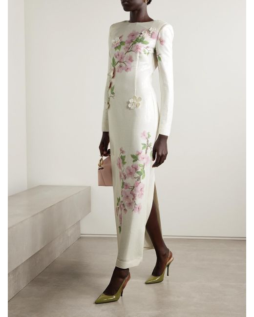 Oscar de la Renta White Robe Aus Crêpe Mit Pailletten, Applikationen Und Zierperlen