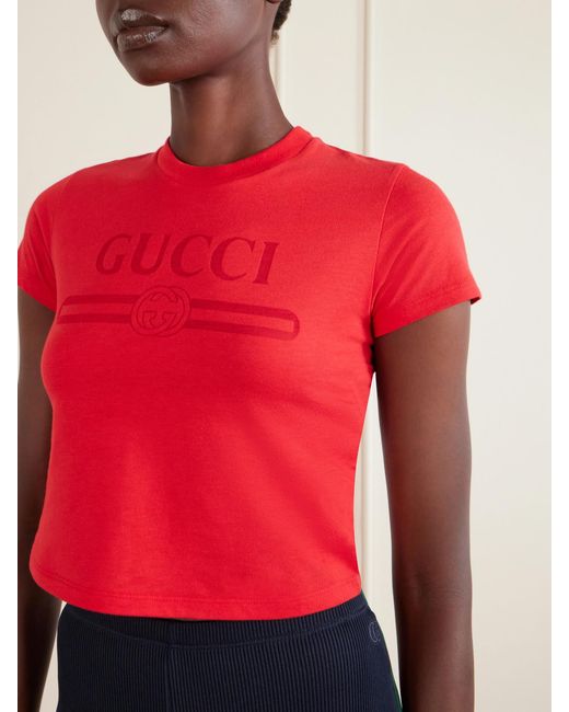 Gucci Red Logo-Print Cropped Cotton-Blend T-Shirt