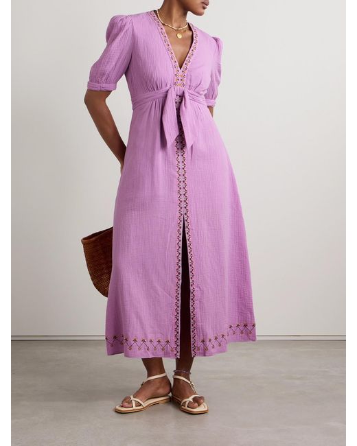 Saloni Purple Jamie Tie-Detailed Embroidered Cotton-Seersucker Midi Dress