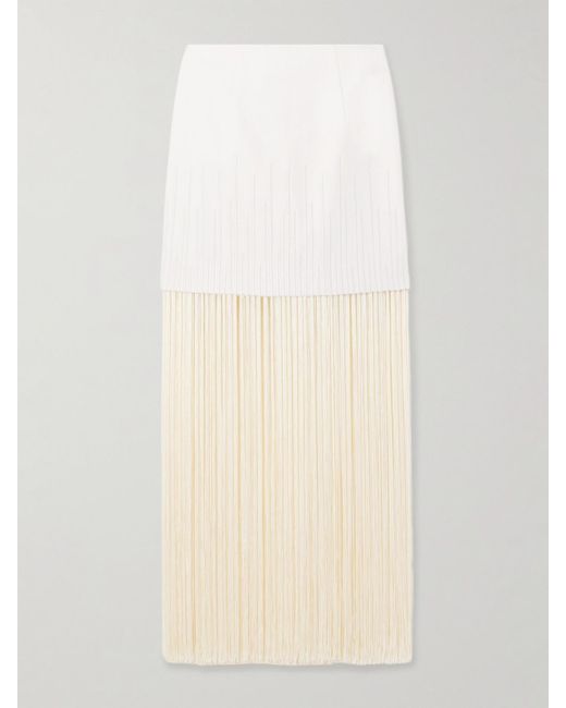 ANDRES OTALORA Natural Aurora Stutil Fringed Embroidered Cotton-Twill Maxi Skirt
