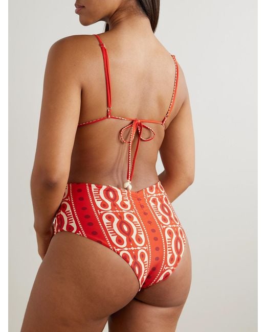 Johanna Ortiz Red Konibo Embellished Printed Triangle Bikini Top