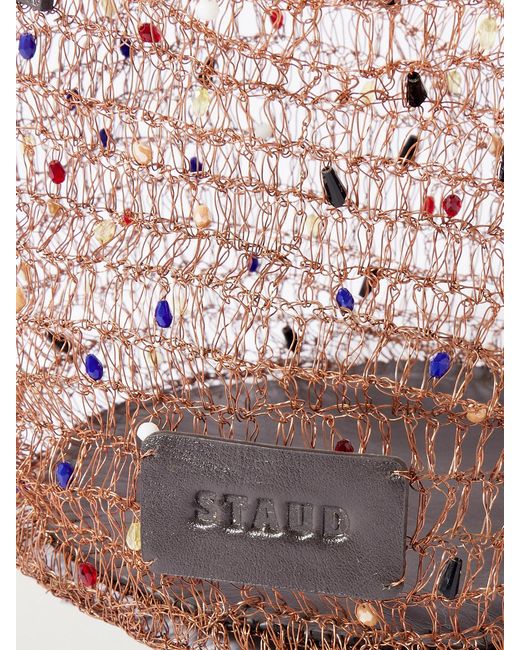 Staud Pink Jewel Leather-Trimmed Embellished Crocheted Bucket Bag