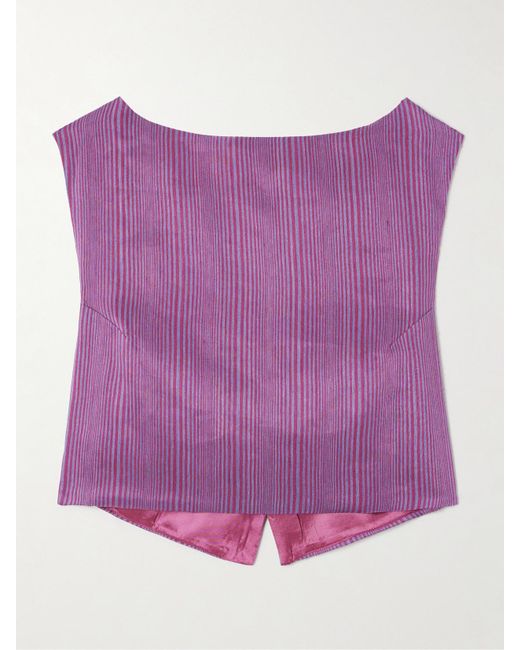 D'Estree Purple Richard Veil Striped Linen-Blend Top