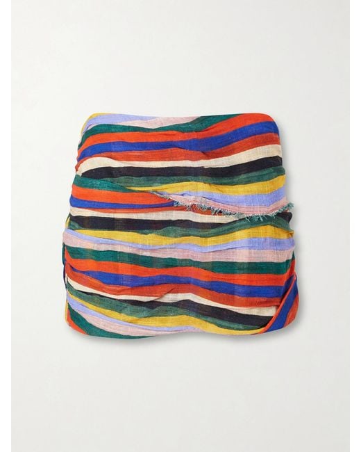 Staud Blue Nicola Fringed Striped Cotton Mini Skirt