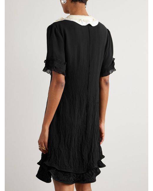 Jil Sander Black Ruffled Satin-Trimmed Crinkled Silk-Chiffon Dress