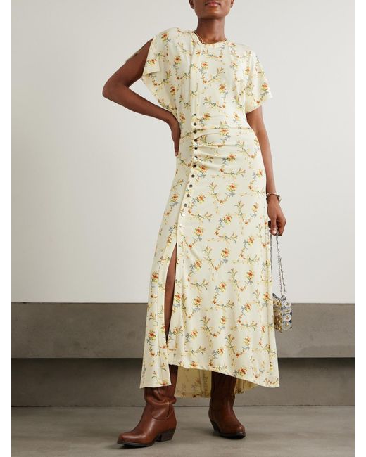 Rabanne Metallic Embellished Floral-Print Stretch-Satin Maxi Dress