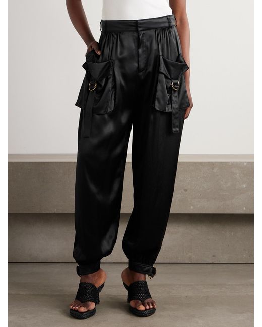 Chloé Black Embellished Pleated Silk-Satin Tapered Pants