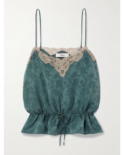 Chloé Green Lace-Trimmed Silk-Jacquard Camisole