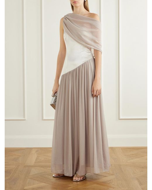 Abadia Natural Gwyneth Asymmetric Draped Satin-Trimmed Gerogette Gown