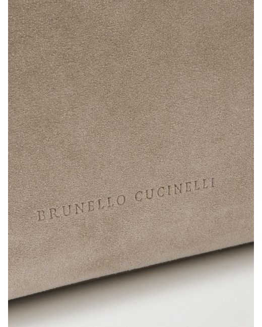 Brunello Cucinelli Natural Bead-Embellished Leather-Trimmed Suede Clutch