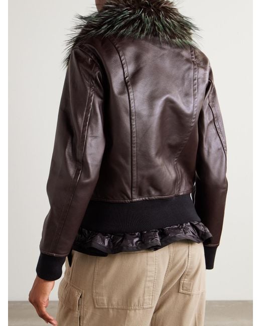 Sacai Black Convertible Plush-Trimmed Padded Leather Jacket