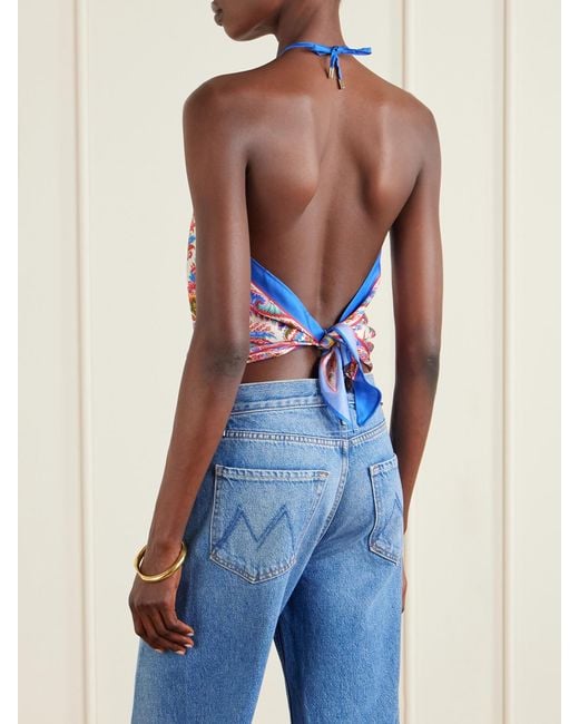 Etro Blue Cropped Printed Silk-Satin Halterneck Top
