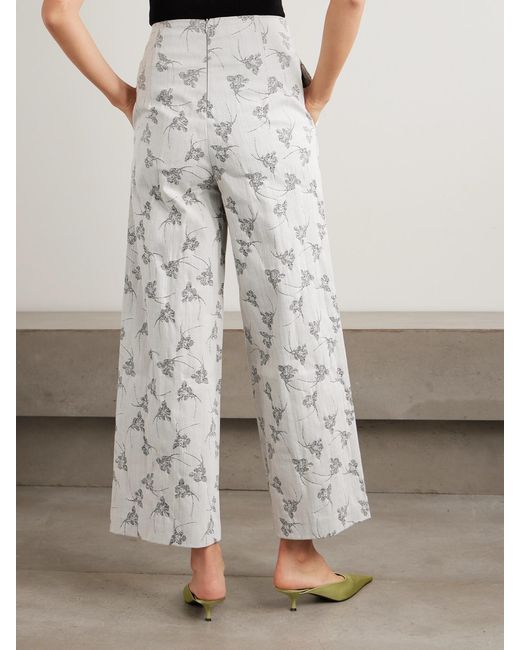 D'Estree White Martha Floral Denim-Jacquard Wide-Leg Pants
