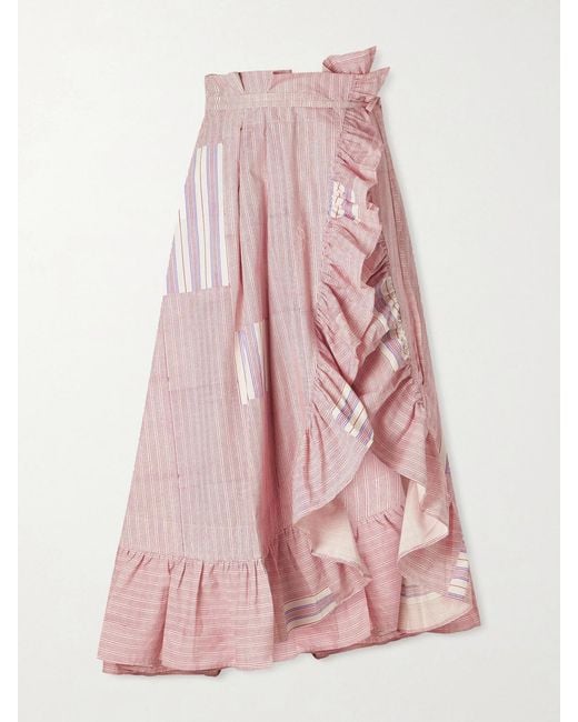 Thierry Colson Pink Tasha Ruffled Striped Cotton-Voile Wrap Midi Skirt