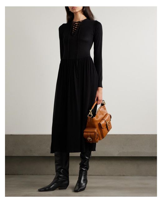 Ulla Johnson Black Colette Pleated Lace-Up Wool And Silk-Blend And Chiffon Midi Dress