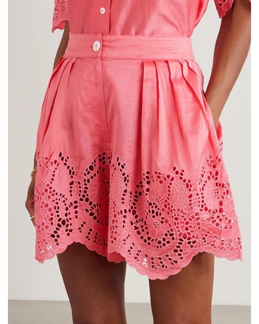 Thierry Colson Pink Kenya Pleated Broderie Anglaise Cotton And Silk-Blend Shorts