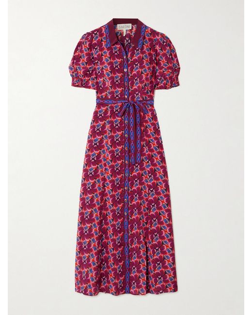 Saloni Purple Vanessa-D Belted Printed Silk Midi Shirt Dress