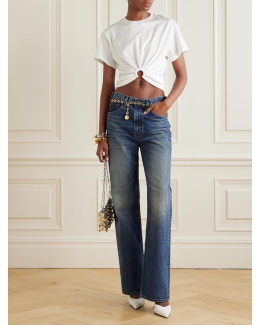 Rabanne White Cropped Embellished Gathered Cotton-Jersey T-Shirt