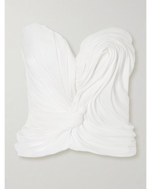 Marmar Halim White Strapless Draped Plissé Silk-Satin Top