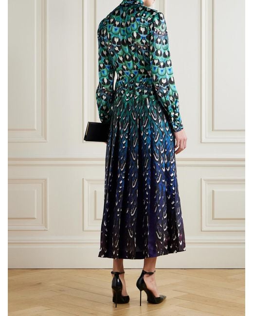 Mary Katrantzou Blue Alexis Pussy-Bow Pleated Printed Satin Midi Dress