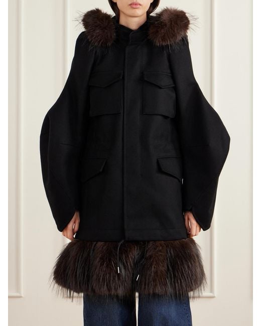 Sacai Blue Padded Plush-Trimmed Wool Coat