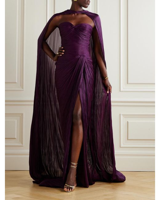 Marmar Halim Purple Cape-Effect Plissé Silk-Satin Gown