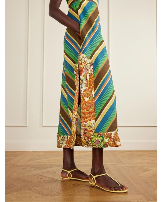 ALÉMAIS Blue Charlie Striped Floral-Print Linen Midi Dress
