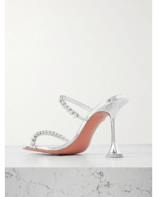 AMINA MUADDI White Gigi Crystal-Embellished Mirrored-Leather Mules