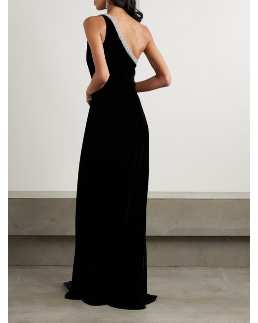 Saloni Black Justine One-Shoulder Embellished Velvet Gown