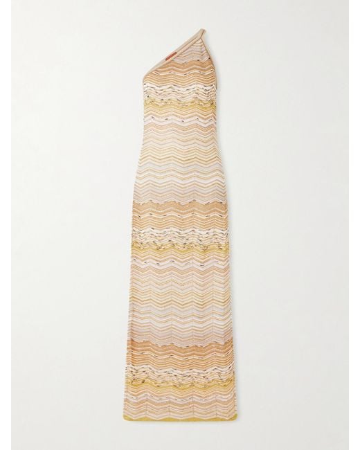 Missoni Natural One-Shoulder Sequin-Embellished Striped Metallic Crochet-Knit Maxi Dress