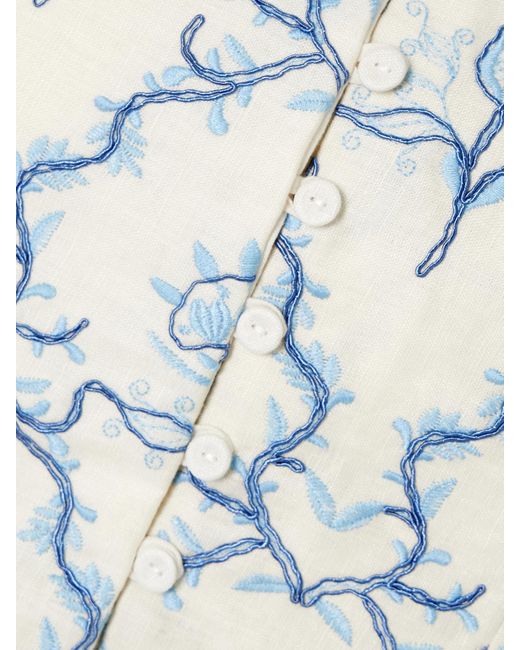 Agua Bendita White Eslabón Floritura Cropped Embroidered Linen Peplum Top