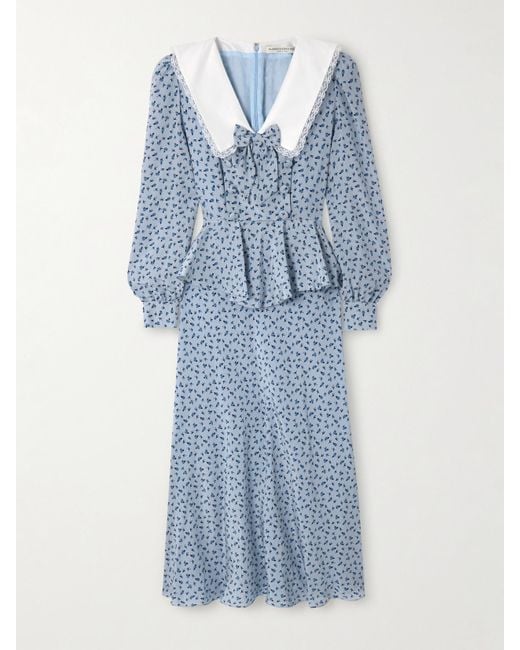 Alessandra Rich Blue Envers Lace And Mikado-Trimmed Floral-Print Crepe De Chine Peplum Midi Dress